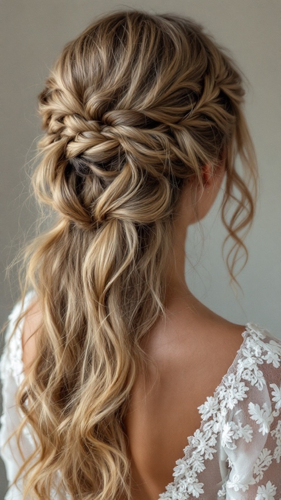 A braided updo hairstyle with flowing half down hair, showcasing intricate braids and soft waves.