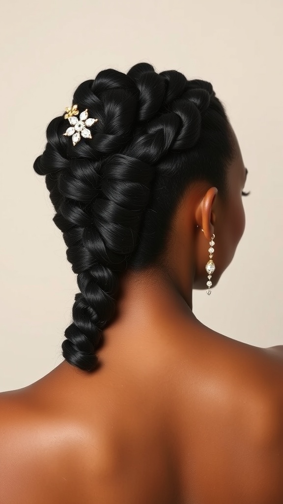 A close-up view of a braided updo hairstyle with weave integration, featuring a decorative hair accessory.
