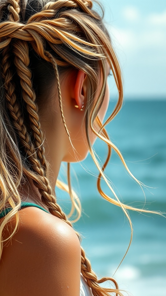 A woman with braided hair and loose waves, standing by the beach.