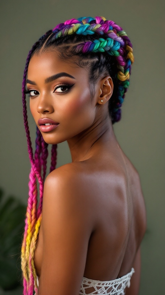 A woman with colorful braided hair showcasing a vibrant hairstyle