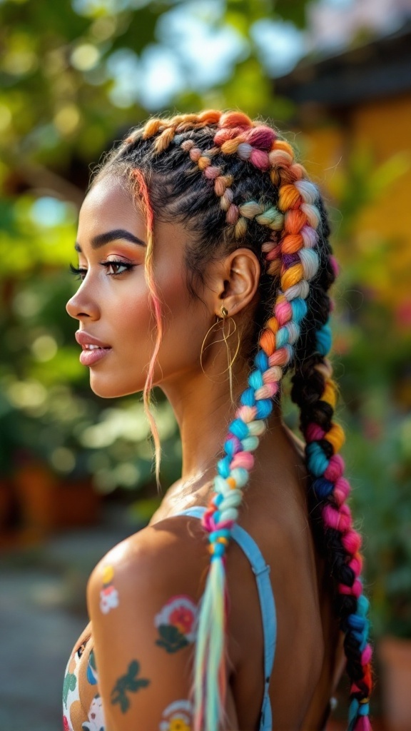 A woman with colorful braids, showcasing a vibrant hairstyle with rainbow-colored hair extensions.