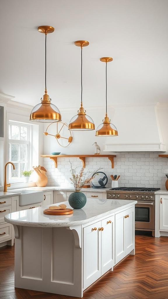 Stylish kitchen with brass pendant lights over an island, featuring white cabinets and a herringbone wood floor.