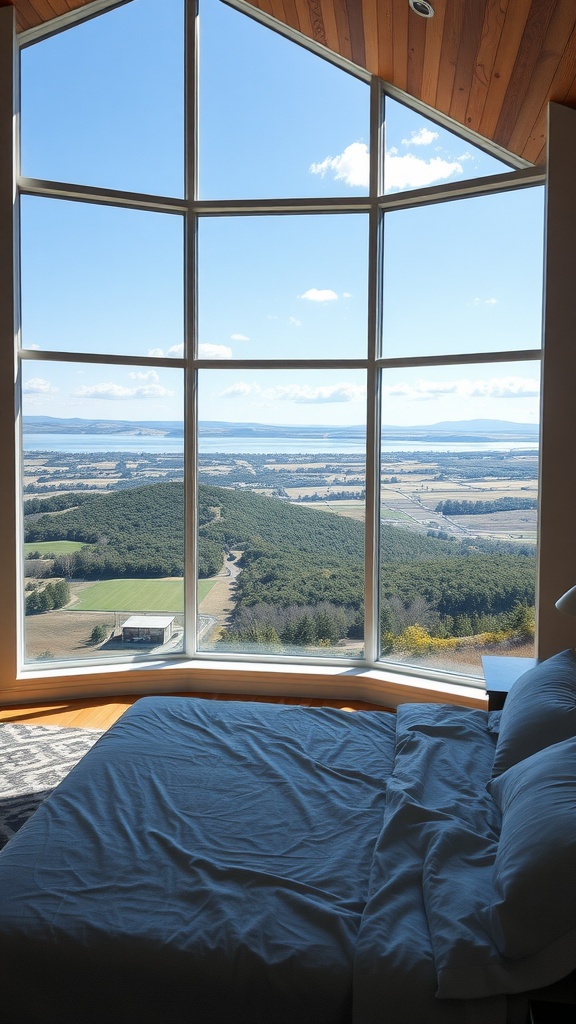 Luxury bedroom with large windows showcasing breathtaking views of hills and water.