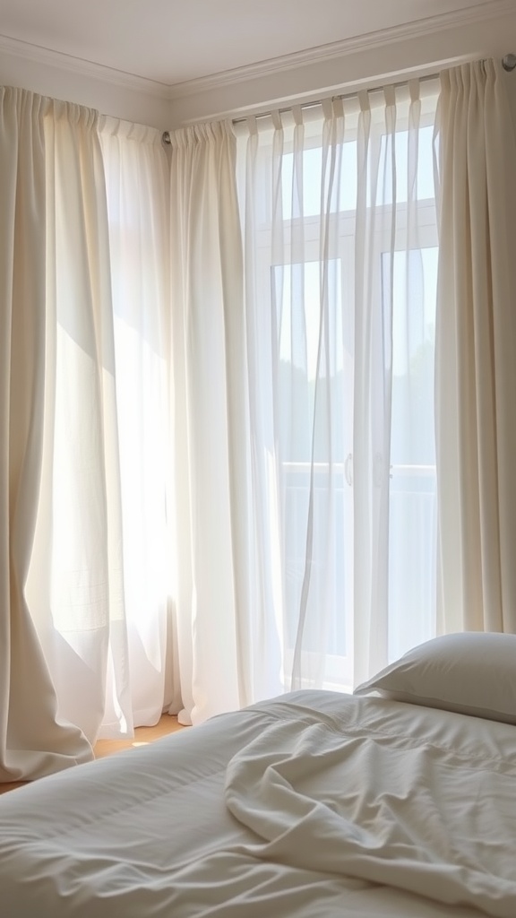 Bright and airy bedroom with linen curtains and a neatly made bed