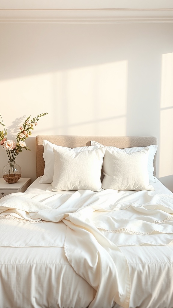 A cozy summer bedroom featuring light, airy textiles, fluffy pillows, and a vase of fresh flowers.