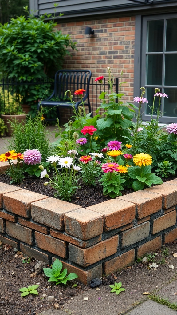 Colorful flowers in a brick raised garden bed