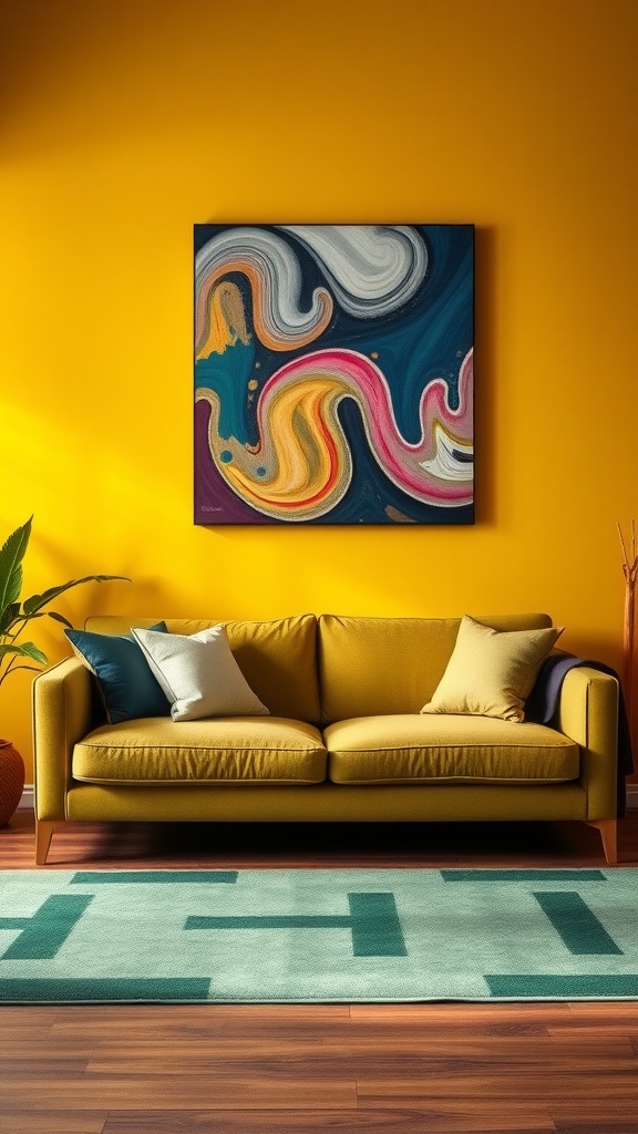 Olive green couch with bright yellow accent wall and abstract artwork