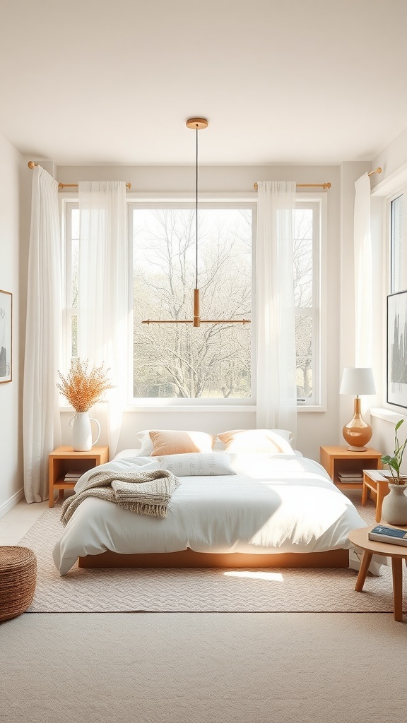 A bright and airy basement bedroom with large windows, light colors, and minimalistic decor.