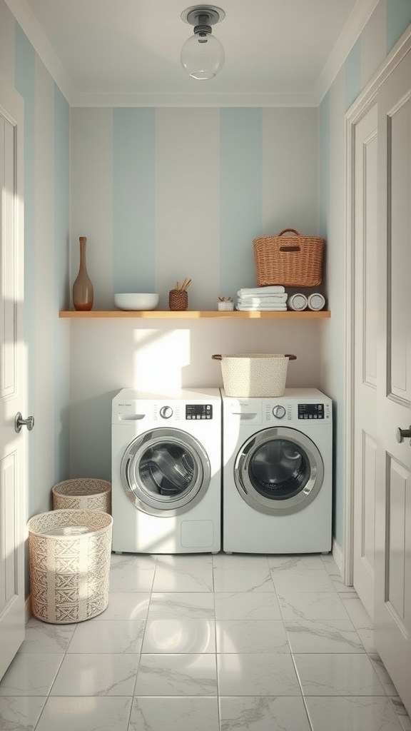 A small, bright laundry room in a hallway with light blue and gray striped walls, white washing machines, and natural woven baskets.