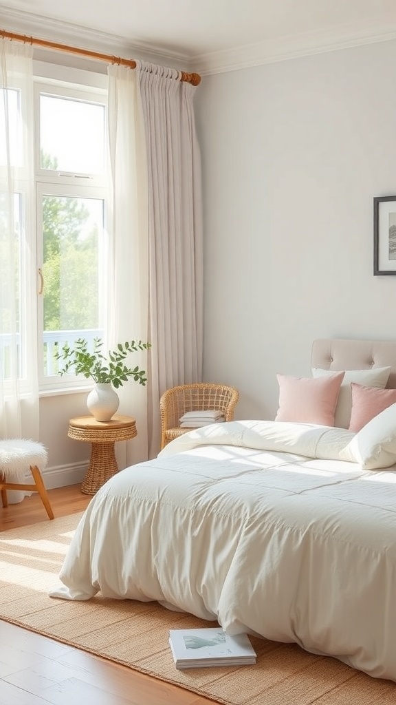 A bright and airy bedroom with soft gray walls, white bedding, light pink pillows, and natural light coming through the window.