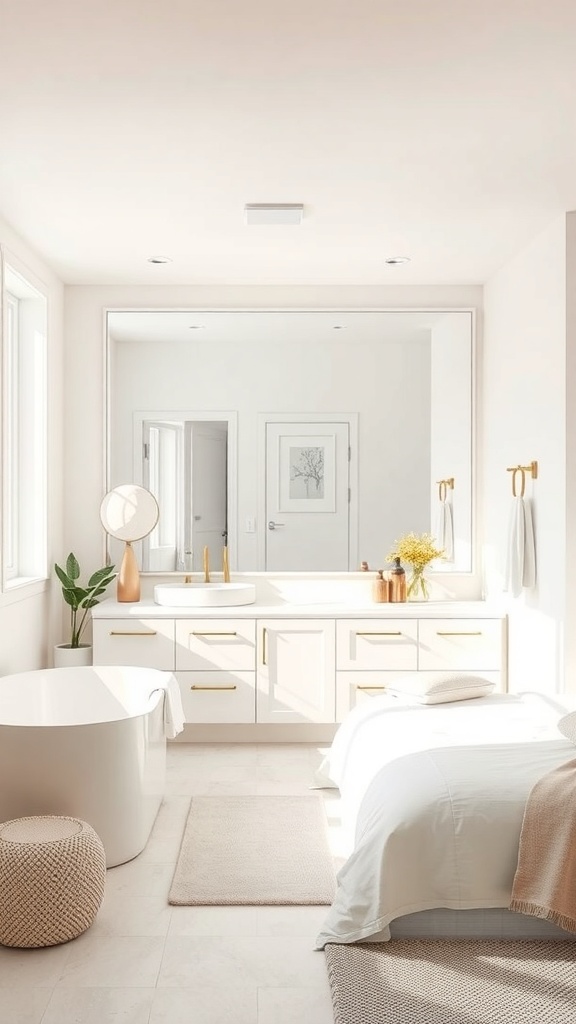 A bright and airy basement bathroom featuring neutral colors, gold fixtures, and plants.