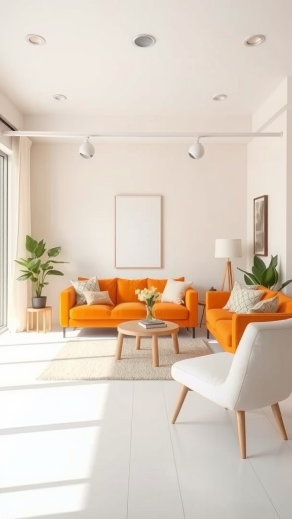 Bright living room with orange sofas and light colors