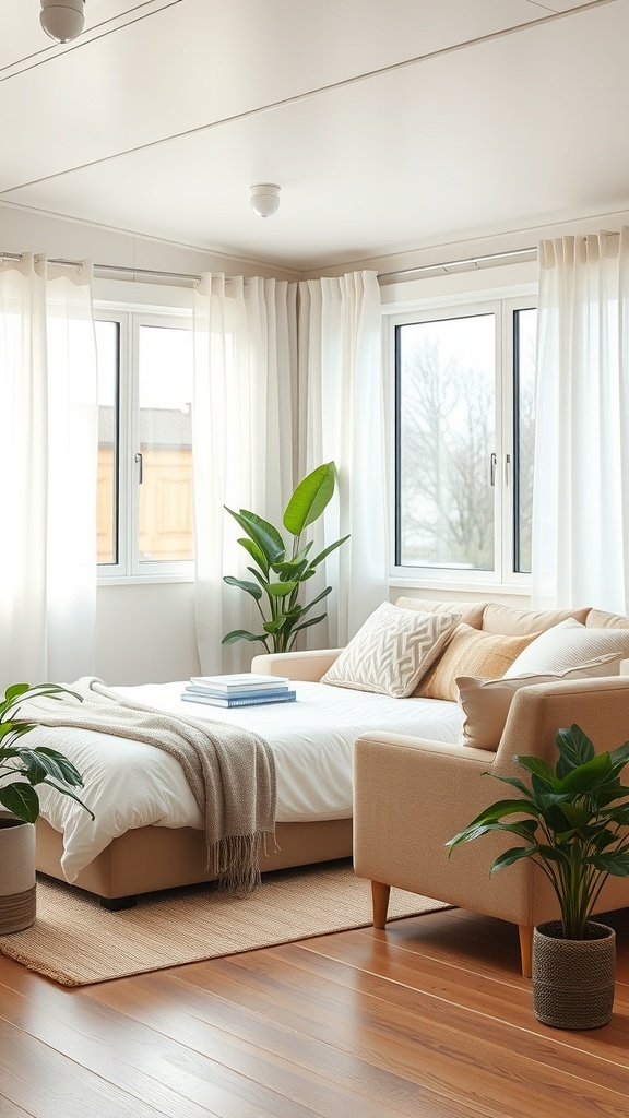 A bright and airy living room in a mobile home with large windows, light curtains, and cozy furniture.