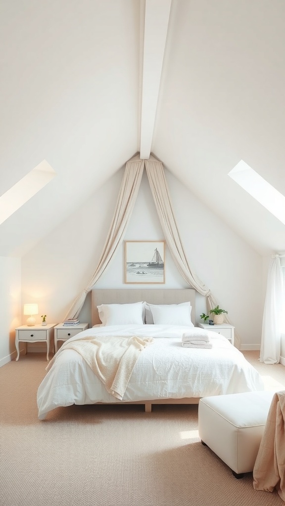 Bright attic bedroom with white walls, sloped ceiling, and cozy decor