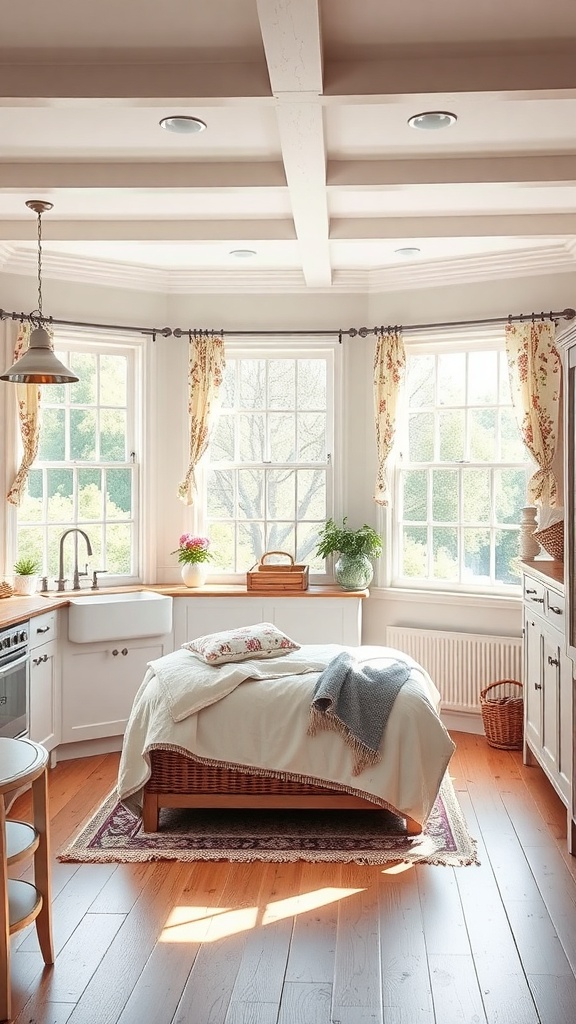 A bright farmhouse kitchen with large windows and floral curtains, featuring a cozy island and warm wood accents.