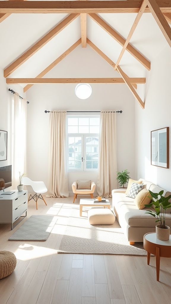 A bright and airy loft bedroom with pastel accents, large windows, and wooden beams.