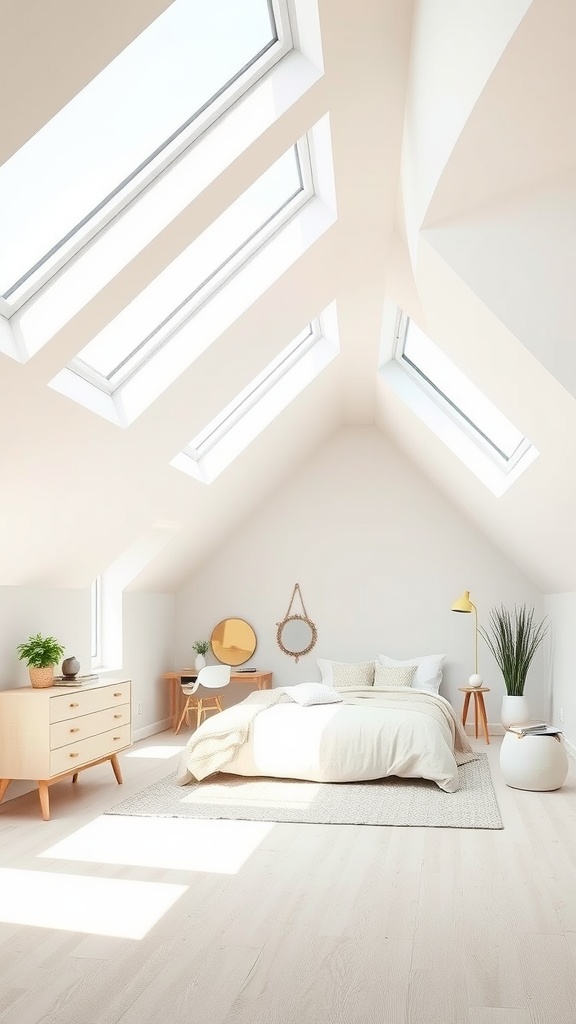 Bright and airy attic bedroom with skylights and simple decor