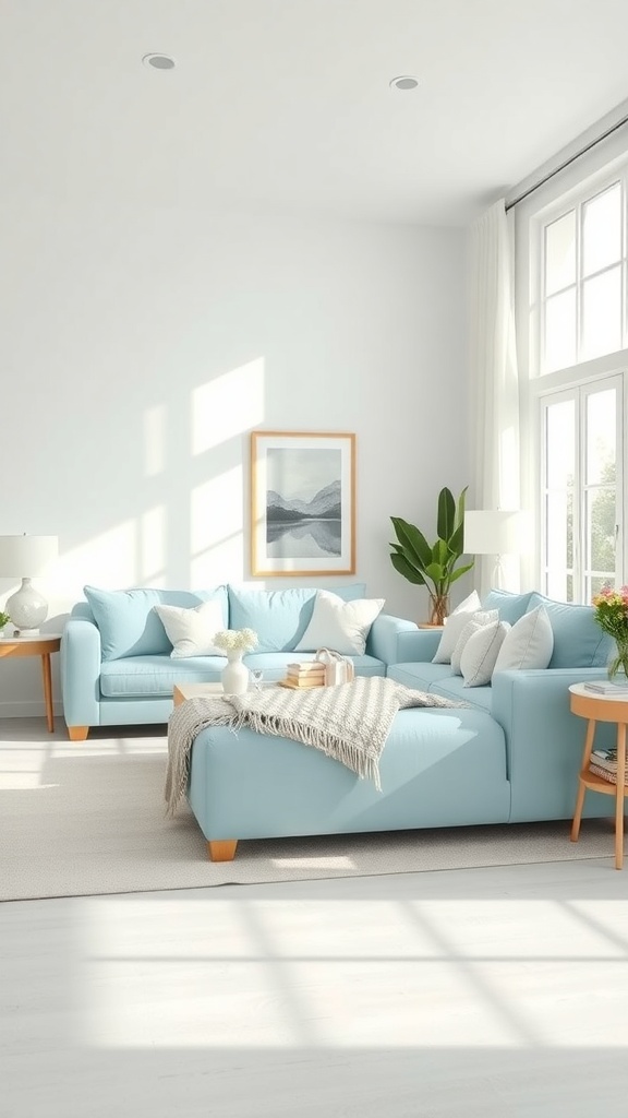 A bright living room featuring a blue sofa, white walls, and natural light from large windows.