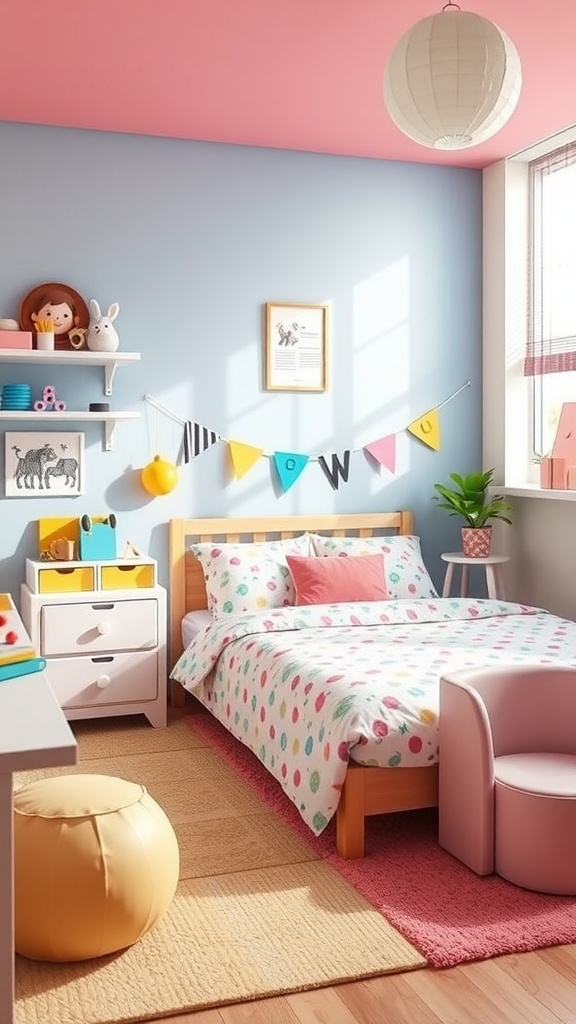 A colorful kindergarten bedroom with a blue wall, pink ceiling, and polka dot bedding.
