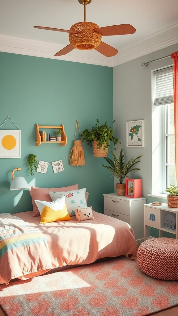 A cozy kids' bedroom featuring teal walls, coral bedding, colorful cushions, and playful decor.
