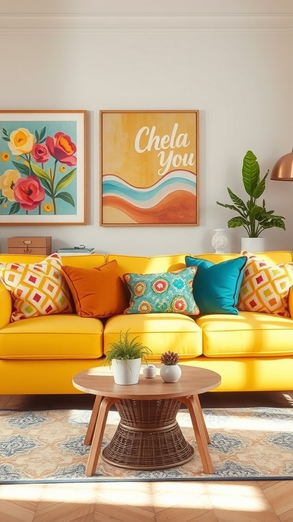 A bright yellow couch with colorful pillows in a cheerful living room setting.