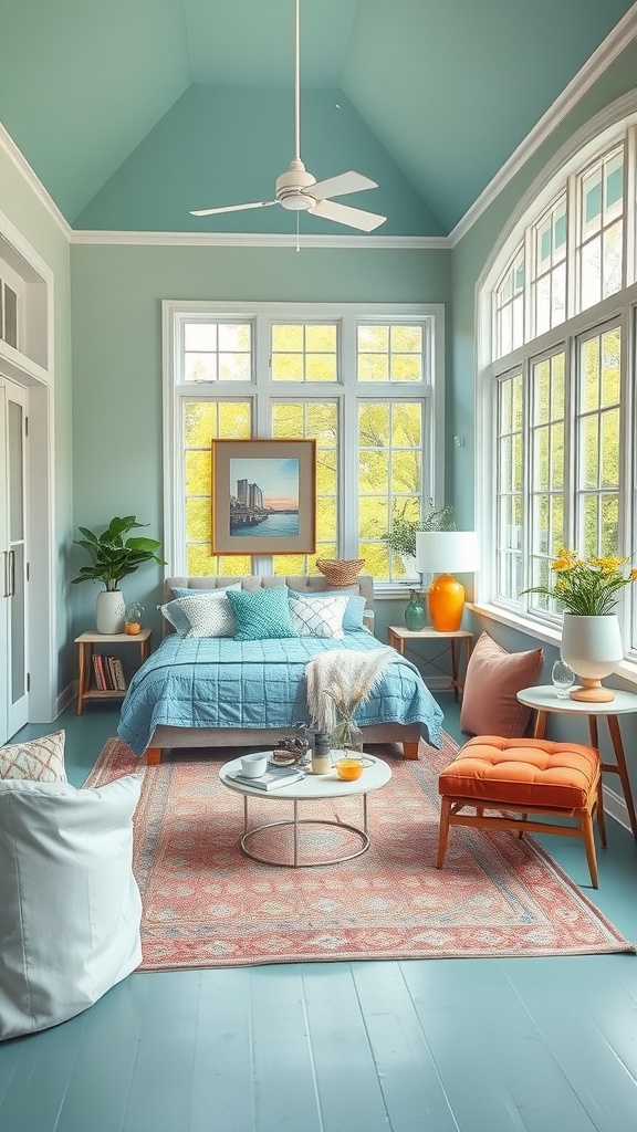 A bright and cheerful sunroom with light blue walls, orange accents, and a cozy atmosphere.