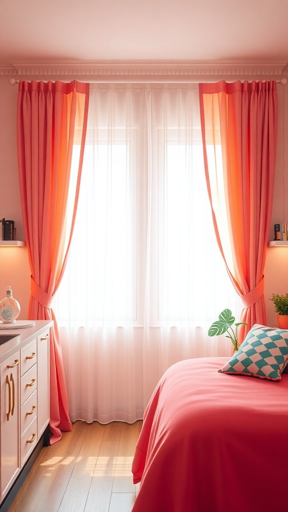 A bright kitchen with coral curtains and a cozy atmosphere.