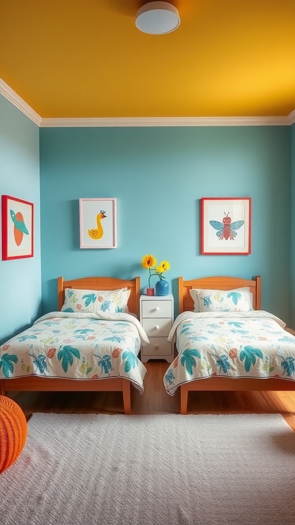 Bright and cheerful shared bedroom with twin beds, featuring light blue walls, yellow ceiling, and colorful decor.