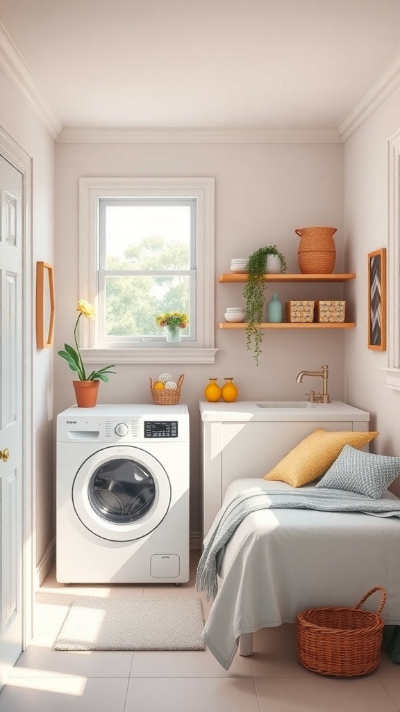A bright and cheerful small laundry room with a washing machine, sink, and colorful decor.
