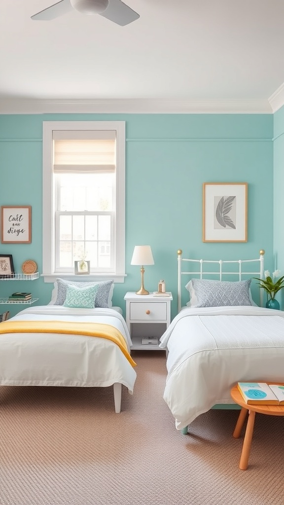 A shared bedroom with two twin beds, light blue walls, and cheerful decor.