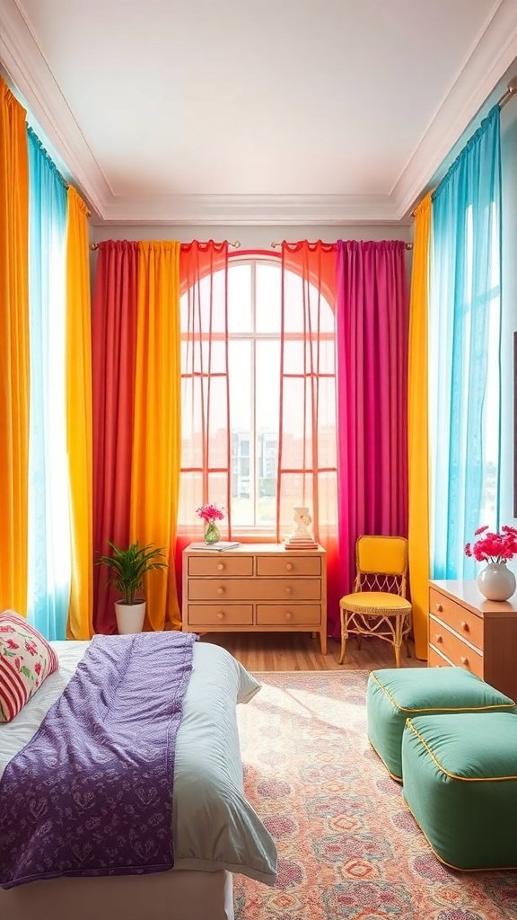 A bright and cheerful bedroom with colorful curtains in blue, orange, pink, and yellow, showcasing a vibrant and inviting atmosphere.