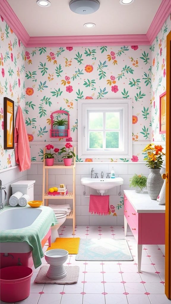 A bright and cheerful bathroom with floral wallpaper, pink accents, and plants.