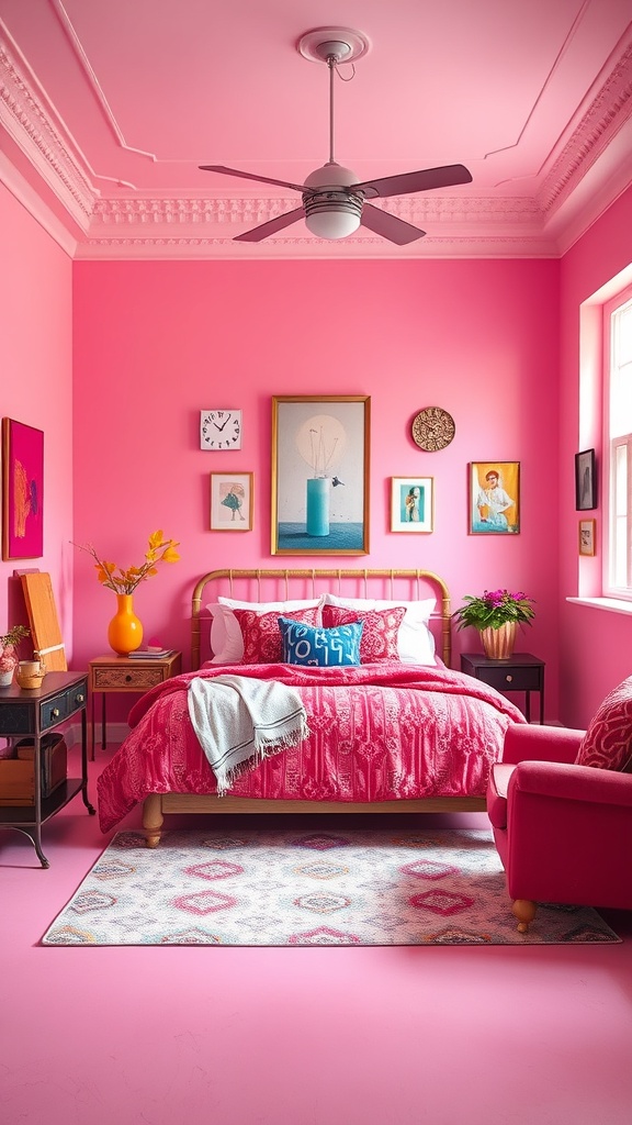 Bright pink bedroom with eclectic decor, featuring colorful bedding, artwork, and furniture.