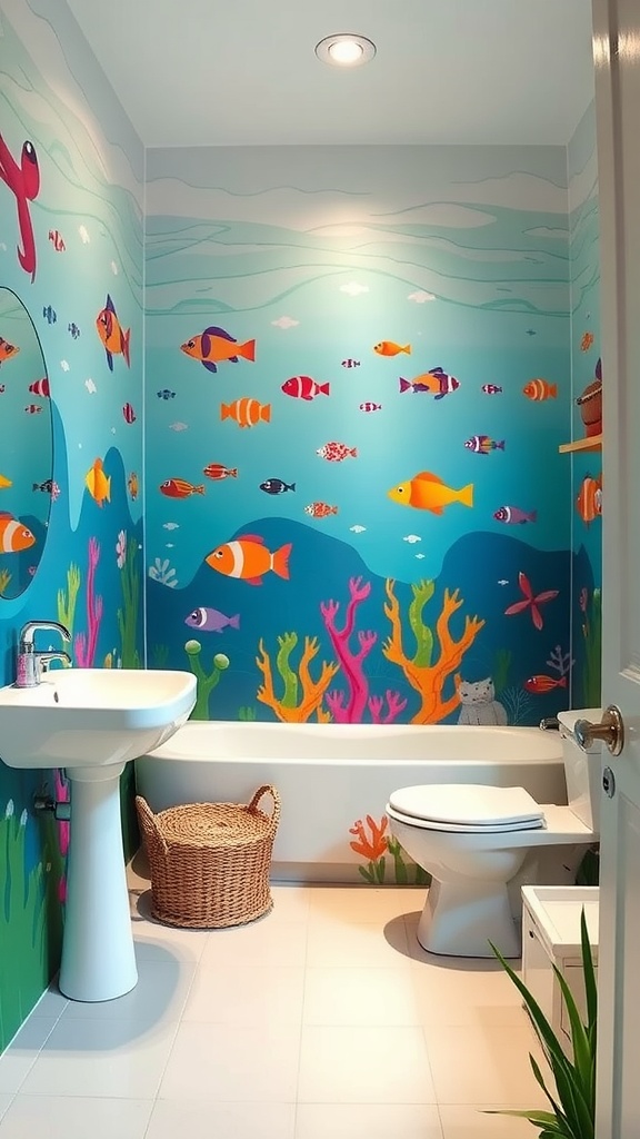 A children's bathroom with a bright underwater mural featuring colorful fish and coral.