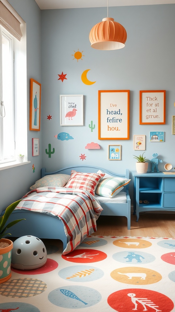 A cozy toddler bedroom with colorful wall decor, blue furniture, and playful elements.