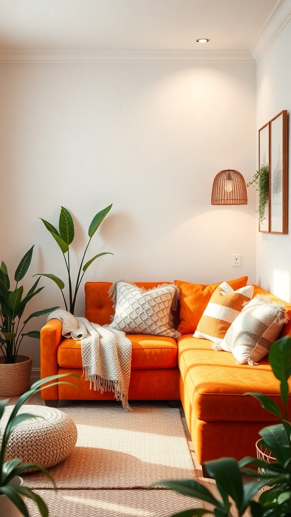 A bright living room corner with an orange sofa, decorative pillows, a throw blanket, plants, and a woven pouf.