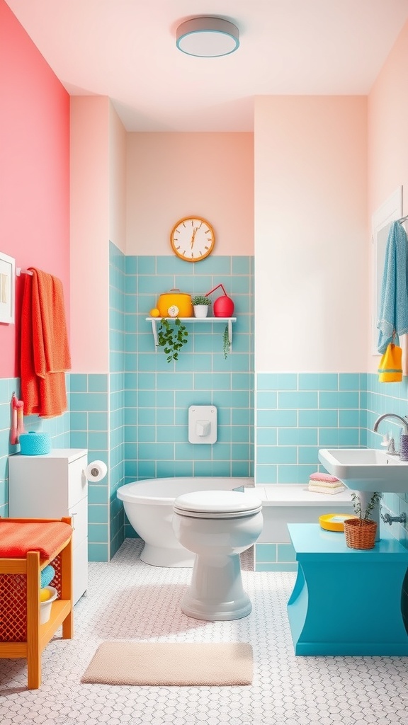 A bright and colorful kids' bathroom featuring pink and turquoise walls, playful accessories, and cheerful decor.