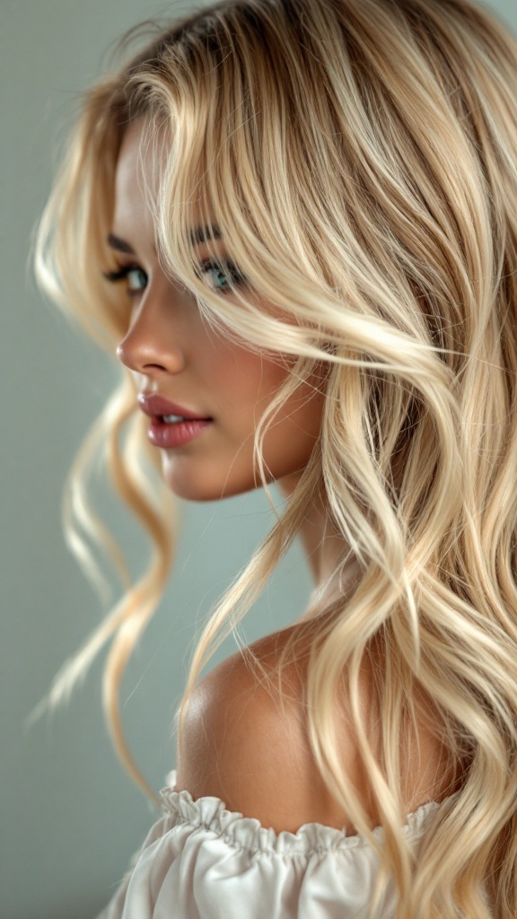 A woman with bright blonde hair showcasing beautiful face-framing highlights.