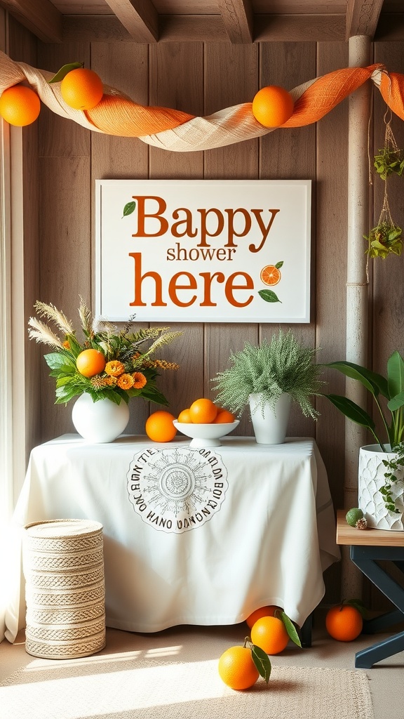A decorative setup for a baby shower featuring bright oranges, a festive sign, and floral arrangements