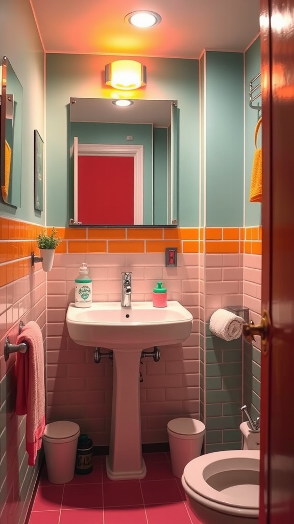 A small bathroom featuring bright color accents with teal walls and orange tiles.