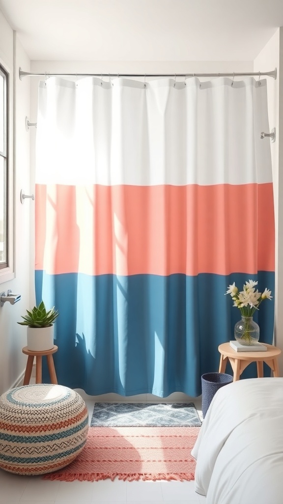 A bright color block shower curtain in coral, white, and blue, hanging in a modern bathroom.