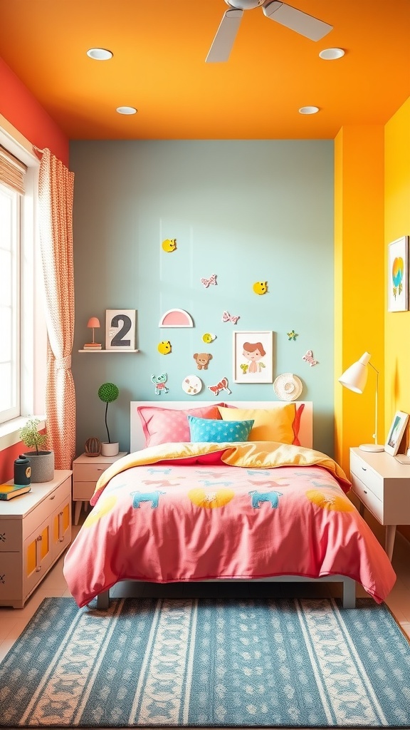 A colorful kindergarten bedroom with an orange ceiling, blue walls, and vibrant bedding.