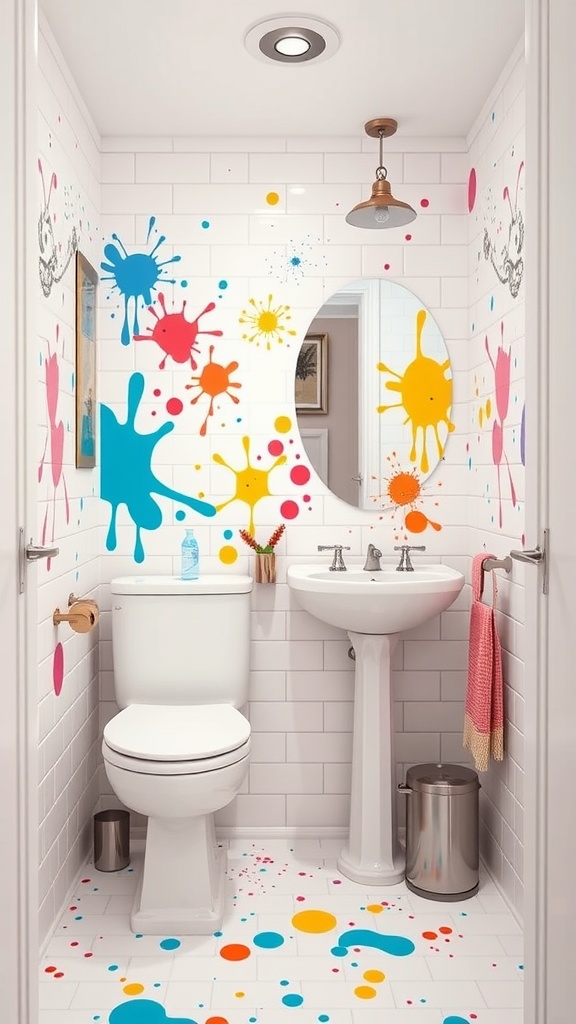 Small bathroom with bright color splash tiles in blue, orange, red, and yellow on white walls and floor.