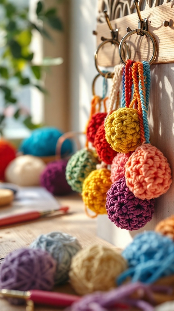 Colorful crochet keyrings hanging with various yarn balls on a wooden surface.