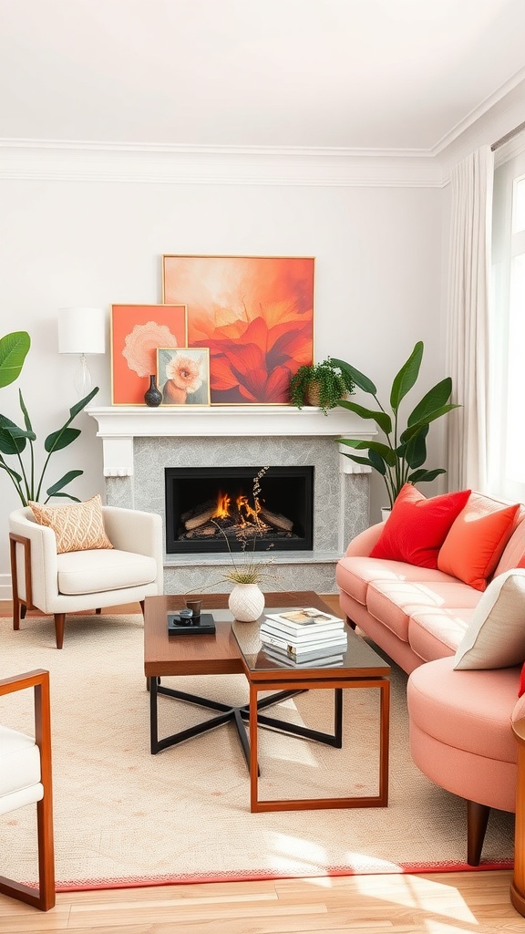 A bright living room featuring coral sofas and accents, a fireplace, and potted plants.