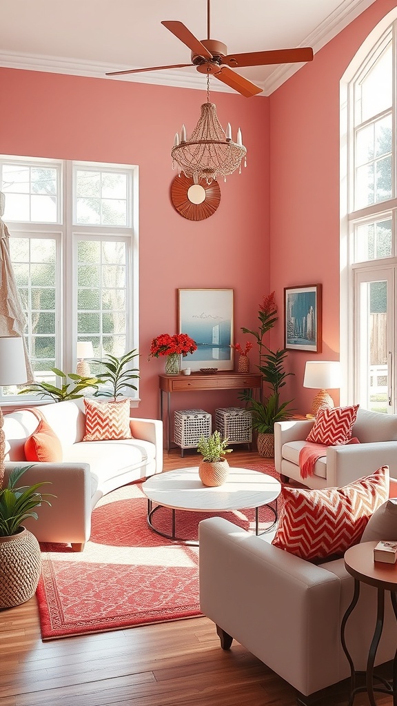 A bright coral living room with light furniture, plants, and decorative accents.