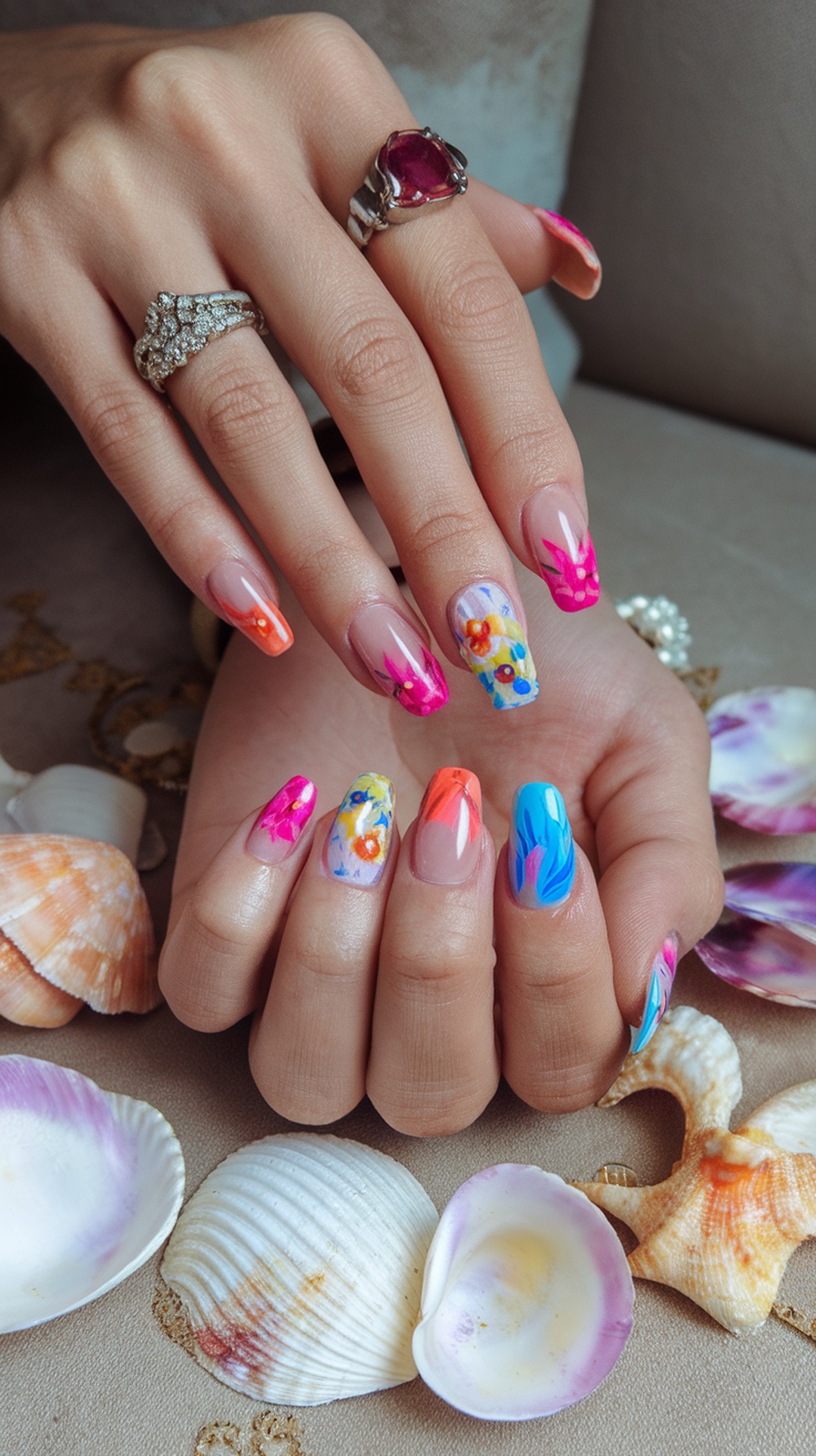 Colorful beach nails with bright floral designs and seashells.