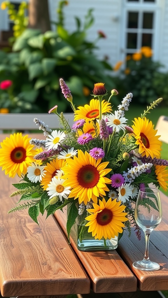 A vibrant floral centerpiece with sunflowers and daisies on a wooden table.