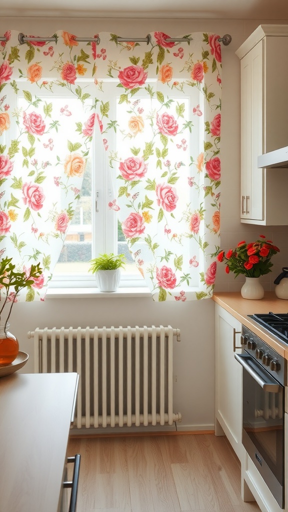 Bright floral kitchen curtains with roses and green leaves