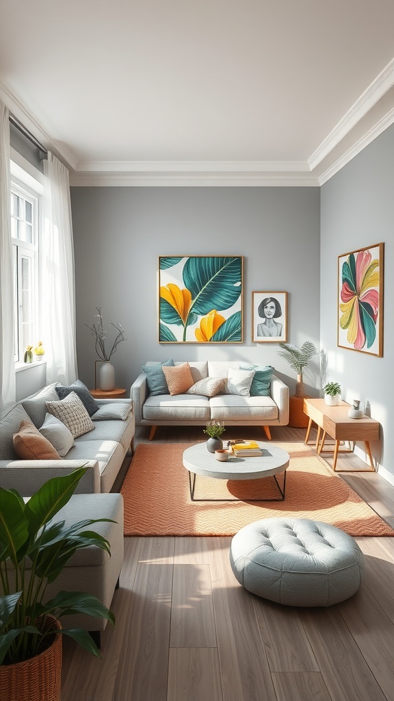 A bright grey living room with colorful art, featuring a light grey sofa, orange rug, and plants.